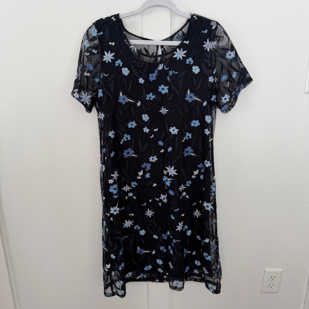 Christopher Banks Blue Floral Embroidered Sheer Overlay Dress Short Sleeve SZ M
